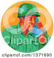 Retro Wpa Styled Wwii American Soldier Talking On A Field Radio In An Orange Circle