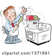 Poster, Art Print Of Cartoon Brunette Caucasian Man Cooking The Books On A Stove