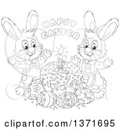 Poster, Art Print Of Black And White Lineart Happy Easter Greeting Above Male And Female Bunny Rabbits A Cake And Eggs