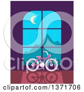 Clipart Of A Pink Bicycle In Front Of A Window With A Scene Of Mountains At Night Royalty Free Vector Illustration