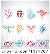 Colorful Sticker Styled Horse Bird Ram Ladybug Butterfly And Fish Icons With Shadows On Gray