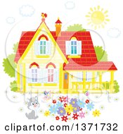 Clipart Of A Happy Gray And White Kitten Watching A Butterfly In A Flower Garden In The Yard Of A Home With A Shining Sun And Rooster On The Roof Royalty Free Vector Illustration