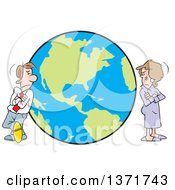 Clipart Of A Cartoon White Business Man And Woman Or Couple Standing Worlds Apart On Opposite Ends Of The Globe Royalty Free Vector Illustration by Johnny Sajem
