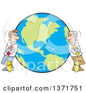 Cartoon White Business Men Leaning On Different Sides Of A Globe A World Apart