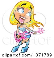 Blond White Woman Playing A Pink Electric Guitar