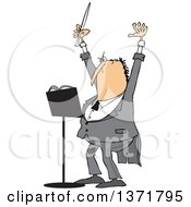 Cartoon Chubby White Male Music Conductor Holding Up An Arm And Wand