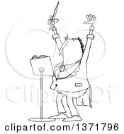 Cartoon Black And White Chubby Male Music Conductor Holding Up An Arm And Wand