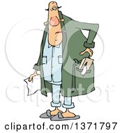 Cartoon Chubby Sick White Man With A Tissue Box In His Robe Pocket