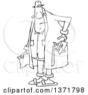 Poster, Art Print Of Cartoon Black And White Chubby Sick Man With A Tissue Box In His Robe Pocket