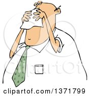 Poster, Art Print Of Cartoon Chubby White Business Man Blowing His Nose Into A Tissue