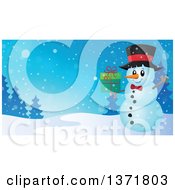Poster, Art Print Of Christmas Snowman Holding A Gift In A Winter Landscape