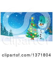 Poster, Art Print Of Christmas Snowman Decorating A Tree In A Winter Landscape