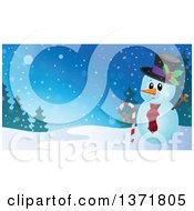 Poster, Art Print Of Christmas Snowman Holding A Candy Cane In A Winter Landscape