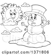 Poster, Art Print Of Black And White Christmas Snowman Melting Under The Shining Sun