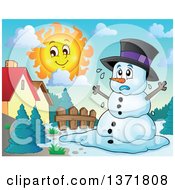 Poster, Art Print Of Christmas Snowman Melting Under The Shining Sun In A Yard