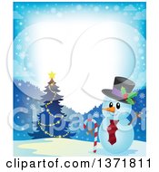 Poster, Art Print Of Christmas Snowman Holding A Candy Cane By A Tree In A Winter Landscape