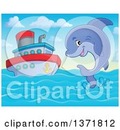 Poster, Art Print Of Cute Dolphin Leaping Out Of Water Near A Boat