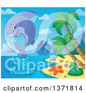 Poster, Art Print Of Cute Dolphin Leaping Out Of Water Near An Island With A Silhouetted Ship In The Background