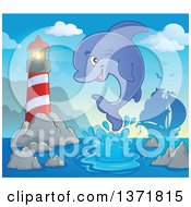 Poster, Art Print Of Cute Dolphin Leaping Out Of Water Near A Lighthouse With A Silhouetted Ship