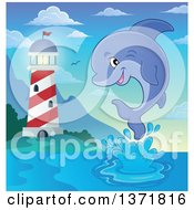 Poster, Art Print Of Cute Dolphin Leaping Out Of Water Near A Light House
