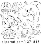 Clipart Of A Cute Black And White Dolphin And Fish Royalty Free Vector Illustration by visekart