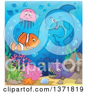 Poster, Art Print Of Cute Dolphin And Fish At A Reef