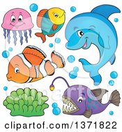 Clipart Of A Cute Dolphin And Fish Royalty Free Vector Illustration by visekart