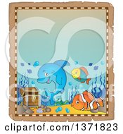 Poster, Art Print Of Cute Dolphin And Fish With Sunken Treasure On An Aged Parchment Page