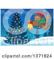 Poster, Art Print Of Cartoon Owl Wearing A Winter Scarf And Hat Flying And Ringing A Bell Over A Christmas Tree