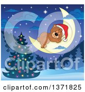 Poster, Art Print Of Cute Brown Christmas Bear Wearing A Santa Hat And Sleeping On A Crescent Moon Over A Tree And Forest