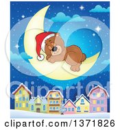 Poster, Art Print Of Cute Brown Christmas Bear Wearing A Santa Hat And Sleeping On A Crescent Moon Over A Village