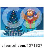 Poster, Art Print Of Cartoon Owl Flying With A Gift Near A Christmas Tree