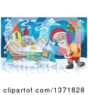 Poster, Art Print Of Santa Claus Carrying Christmas Gifts In A Snowy Village
