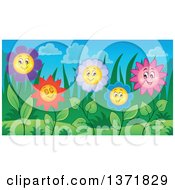 Clipart Of A Garden Of Happy Daisy Flowers Royalty Free Vector Illustration