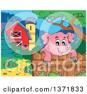 Poster, Art Print Of Happy Pig Over A Fence Near A Barn And Silo