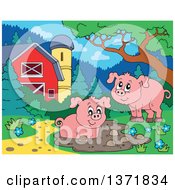 Happy Pigs Playing At A Mud Puddle Near A Barn And Silo