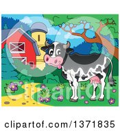 Clipart Of A Happy Dairy Cow Near A Barn And Silo Royalty Free Vector Illustration by visekart