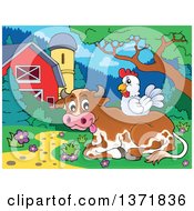 Poster, Art Print Of Chicken Resting On A Cow Near A Barn And Silo