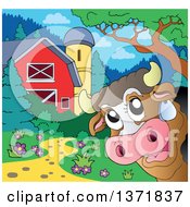Clipart Of A Happy Dairy Cow Peeking Around A Corner Near A Barn And Silo Royalty Free Vector Illustration