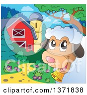 Poster, Art Print Of Happy Sheep Peeking Around A Corner Near A Barn And Silo