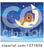 Poster, Art Print Of Cute Brown Bear Sleeping On A Crescent Moon Over A Winter Landscape