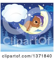 Poster, Art Print Of Cute Brown Bear Dreaming On A Crescent Moon Over A Winter Landscape