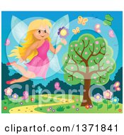 Poster, Art Print Of Happy Blond Fairy Flying With A Flower Over A Spring Landscape