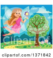 Poster, Art Print Of Happy Fairy Flying With A Flower Over A Spring Landscape