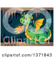 Poster, Art Print Of Cartoon Green Fire Breathing Dragon In A Cave With Bats