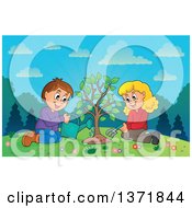 Poster, Art Print Of Caucasian Boy And Girl Planting A Tree Together On A Hill
