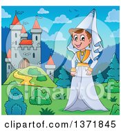 Cartoon Happy Medieval Princess By A Castle During The Day