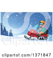 Poster, Art Print Of Cartoon Happy White Man Driving A Snowmobile In The Winter