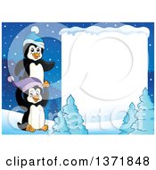 Poster, Art Print Of Blank White Sign Bordered With Cute Penguins And Snow