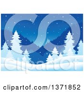 Poster, Art Print Of Nature Backdrop Of A Winter Night With Mountains Evergreens And Snow